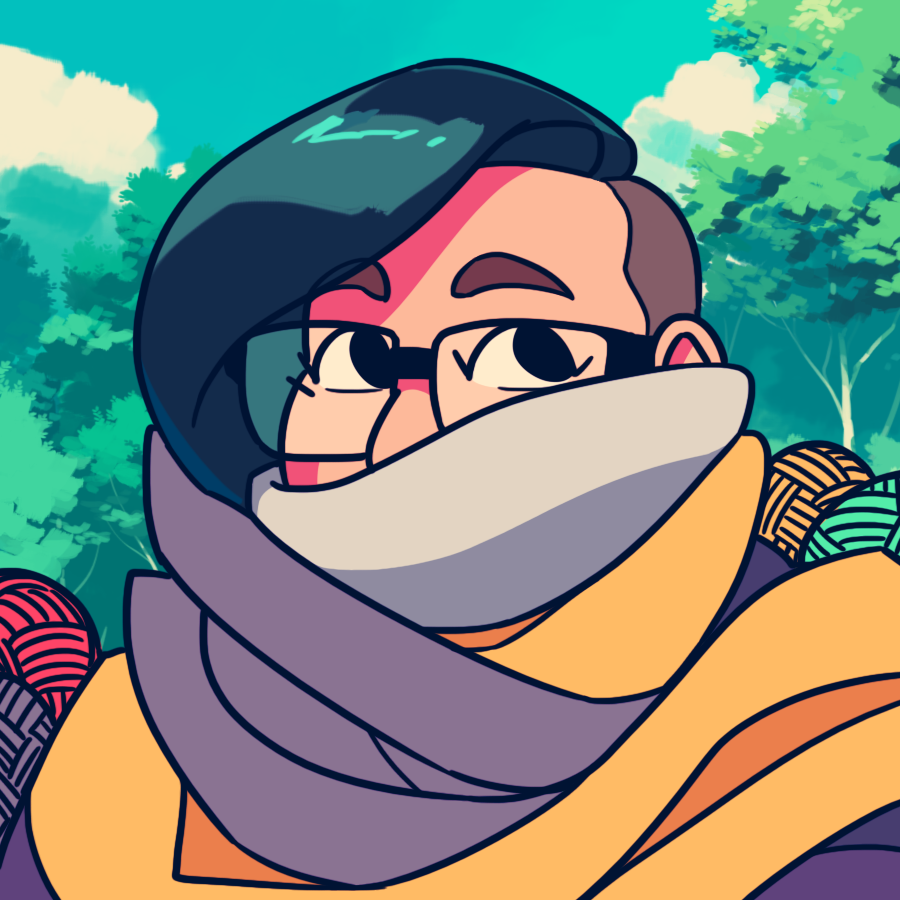Illustration of a person wrapped in a grey and yellow shawl covering most of their face and surrounded by yarn balls. By @eiffelart on twitter.