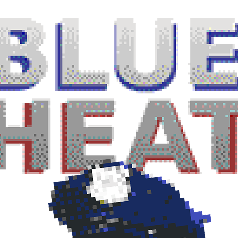 A pixelized logo for 'Blue Heat' with a silhouette of a cop hat towards the bottom of the image