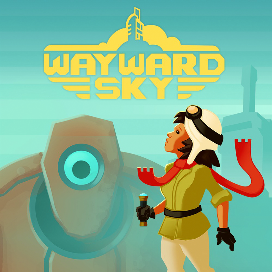 Wayward Sky logo featuring the main character, looking skyward and a rust-colored robot looking on in the background.