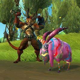 A MMO character posing with a festive sheep-like creature from WildStar!