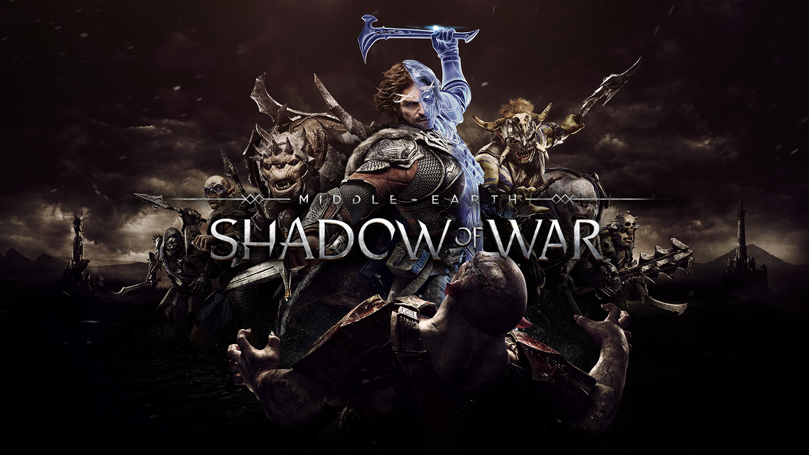 Cover art for Shadow of War game featuring a half-white male, half-wraith character weilding a small ghost hammer and a broken sword in the center of the image, surrounded by various orcs.