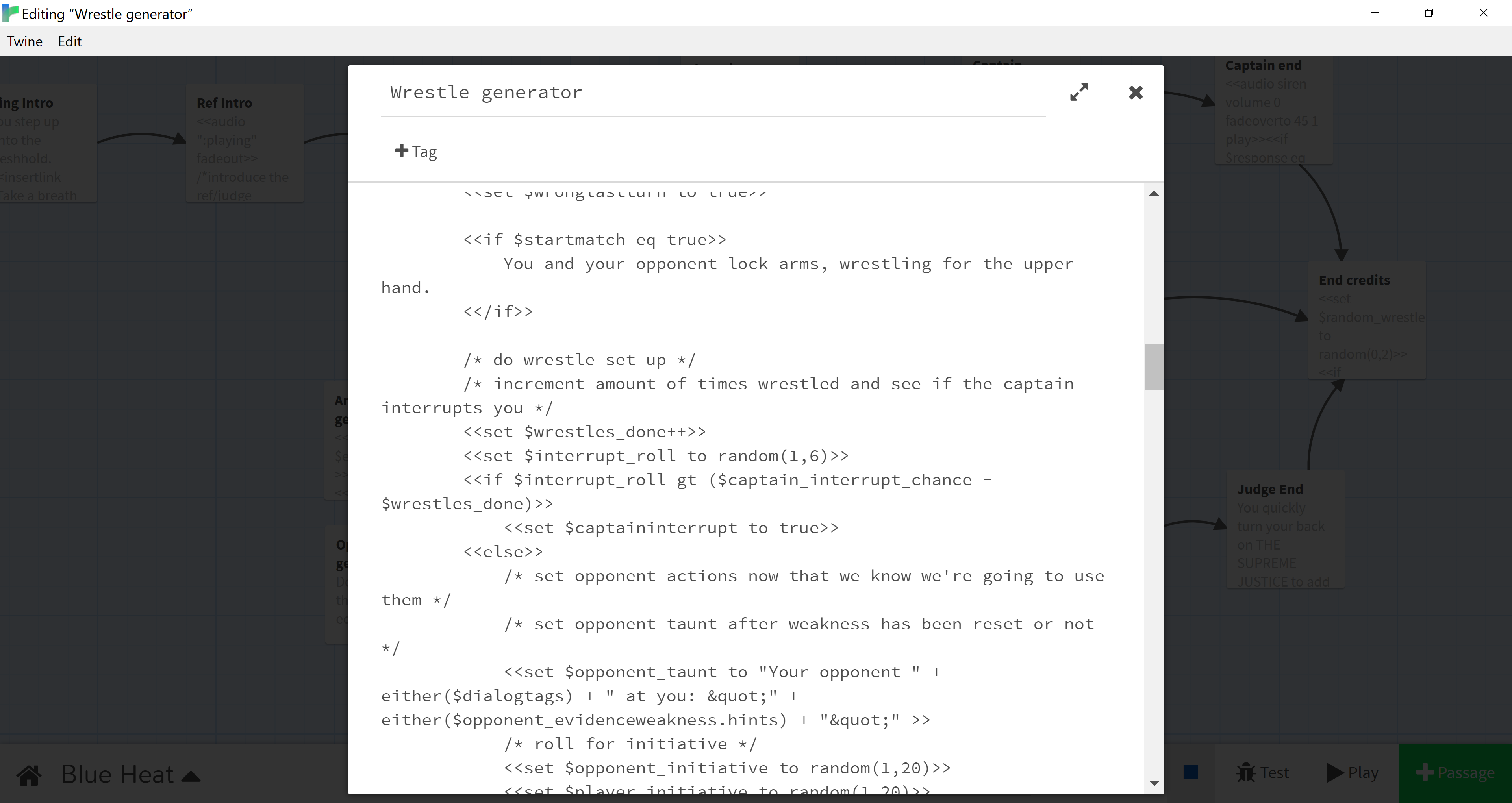 A screenshot of some javascript and twine markup showing a bit of the logic going on inside the Wrestle Generator node